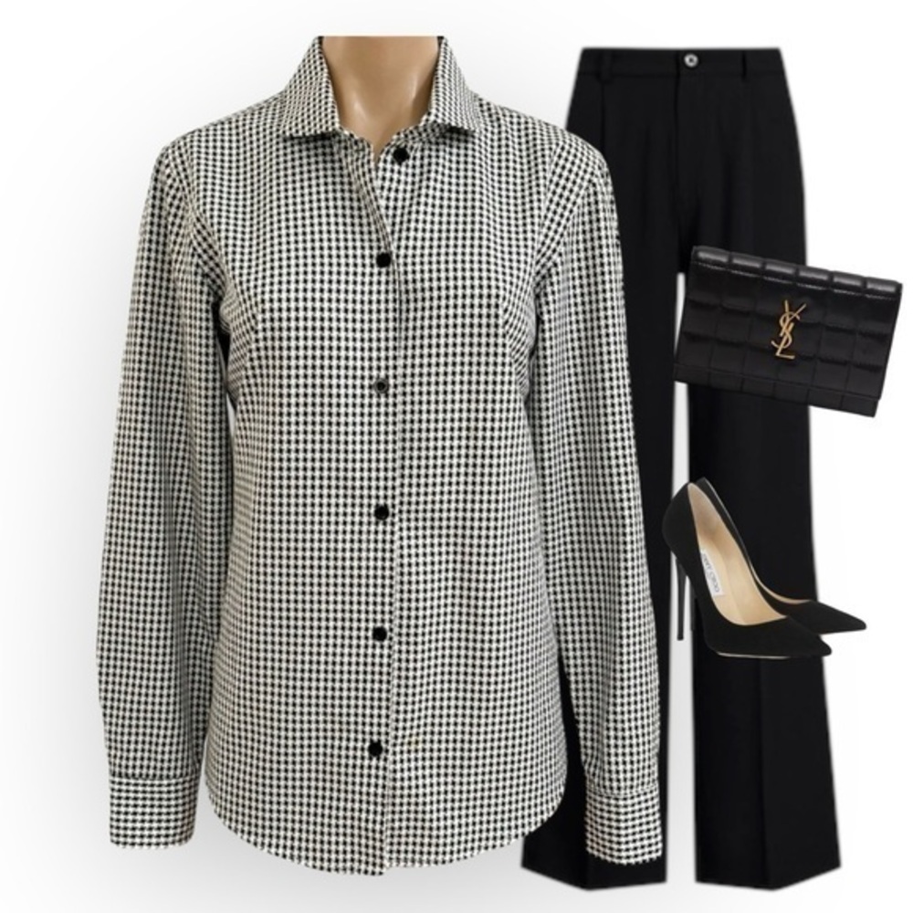 KAL RIEMAN BLACK WHITE WOVEN TAILORED BUTTON BUSINESS CASUAL COTTON SHIRT S / 4